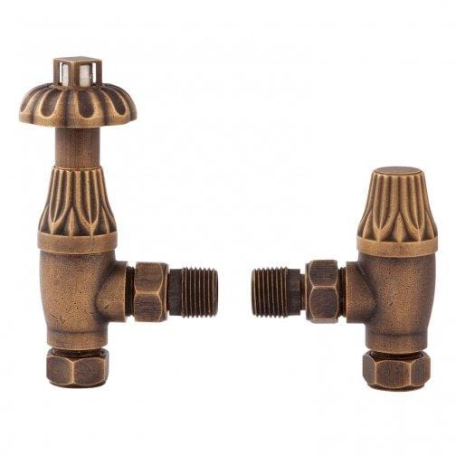 Bayswater Traditional Fluted Angled Thermostatic Radiator Valves Pair and Lockshield - Antique Brass