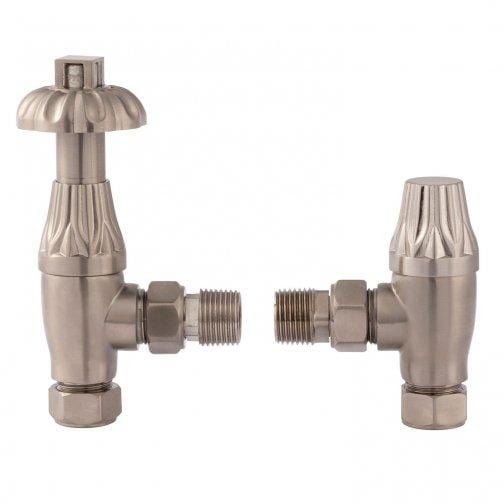  Bayswater Traditional Fluted Angled Thermostatic Radiator Valves Pair and Lockshield - Satin Nickel