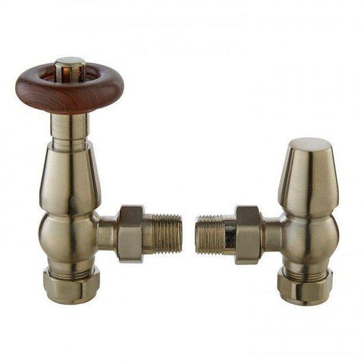  Bayswater Traditional Rounded Angled Thermostatic Radiator Valves Pair and Lockshield - Satin Nickel