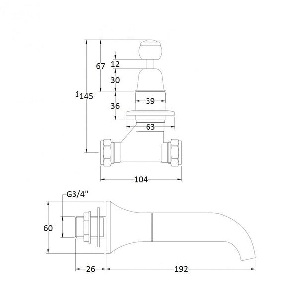 BC Designs Victrion Gold Crosshead 3-Hole Wall Basin Filler With Spout ...