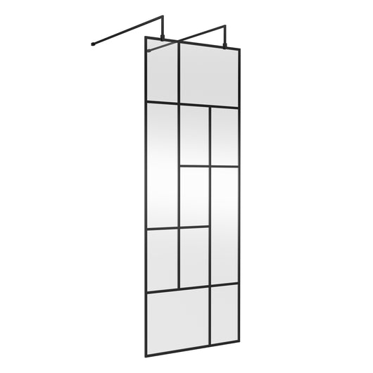  Trieste Freestanding Matt Black Abstract 760mm Wet Room Screen with Support Bars & Feet - 8mm Glass