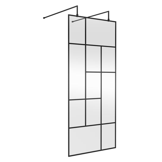  Trieste Freestanding Matt Black Abstract 900mm Wet Room Screen with Support Bars & Feet - 8mm Glass