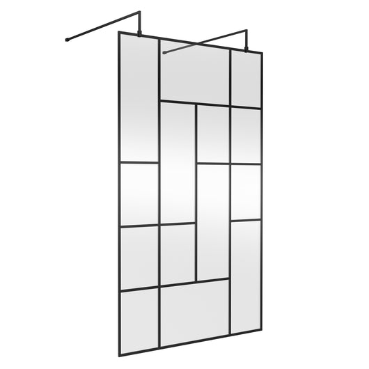  Trieste Freestanding Matt Black Abstract 1200mm Wet Room Screen with Support Bars & Feet - 8mm Glass