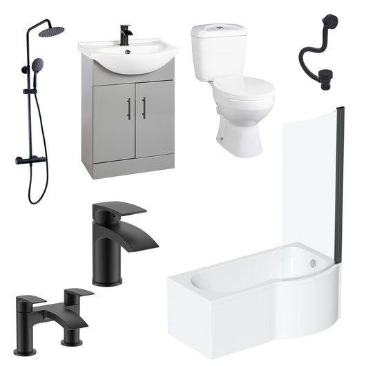  Mayford Complete Matt Black 1600 P Shaped 550 Vanity Bathroom Suite - Gloss Mid Grey - welovecouk