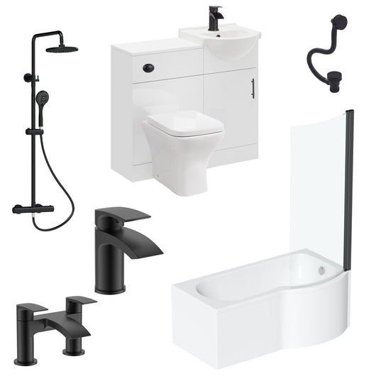 Mayford Complete Matt Black 1700 P Shaped 950 Combination Bathroom Suite - welovecouk