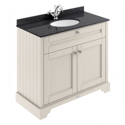  Old London 1000mm 2-Door Vanity Unit & Single Bowl Black Marble Top 1 Tap Hole - Timeless Sand - welovecouk