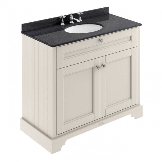  Old London 1000mm 2-Door Vanity Unit & Single Bowl Black Marble Top 3 Tap Hole - Timeless Sand - welovecouk