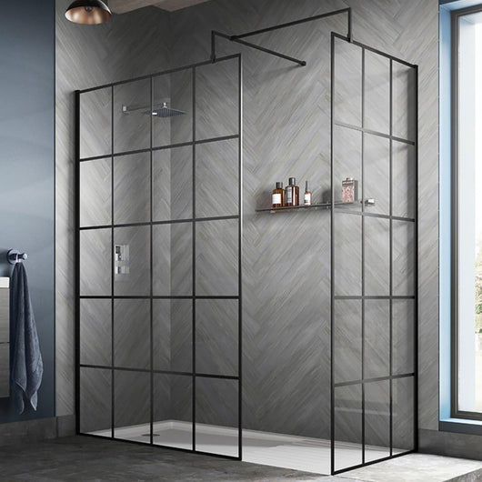  Trieste Matt Black Grid 1600 x 800mm Walk-In Shower Enclosure with Stone Tray - welovecouk