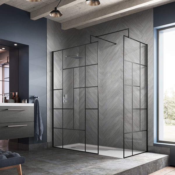 Trieste 1950 x 1400mm Matt Black Abstract Frame Wetroom Screen with ...