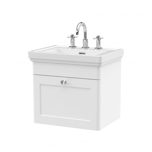 Nuie Classique 500mm Wall Mounted 1-Drawer Unit & 3TH Basin - Satin White