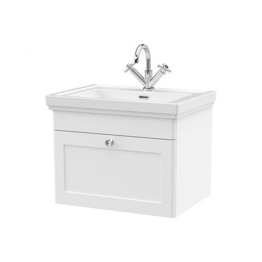  Nuie Classique 600mm Wall Mounted 1-Drawer Unit & 1TH Basin - Satin White