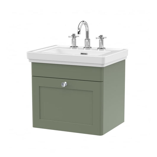  Nuie Classique 500mm Wall Mounted 1-Drawer Unit & 3TH Basin - Satin Green