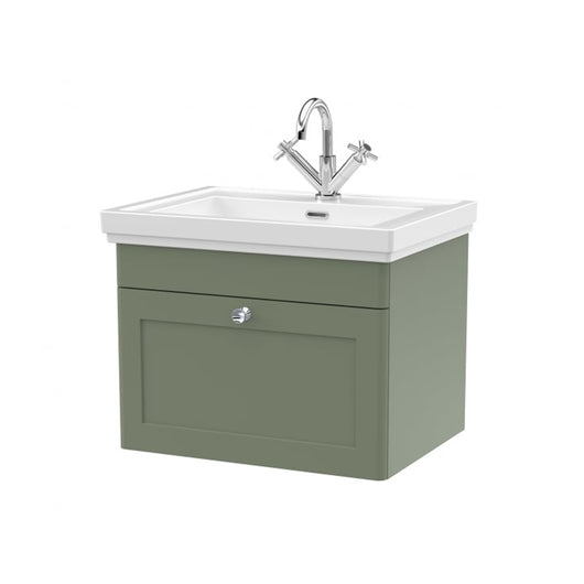  Nuie Classique 600mm Wall Mounted 1-Drawer Unit & 1TH Basin - Satin Green