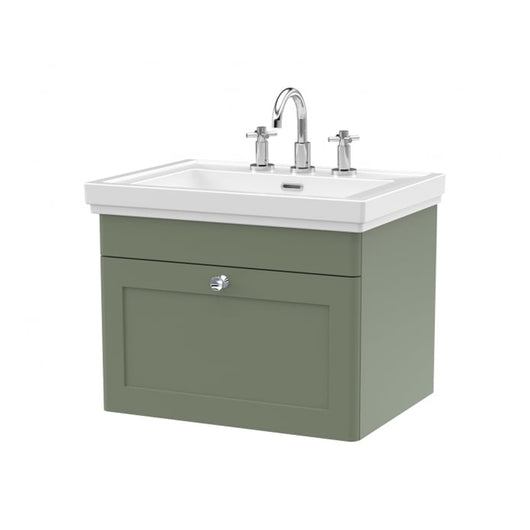  Nuie Classique 600mm Wall Mounted 1-Drawer Unit & 3TH Basin - Satin Green