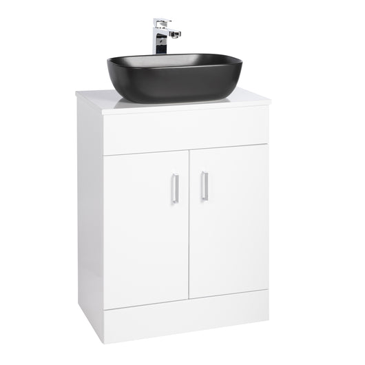  Nuie Eden 600mm Floor Standing 2-Door Countertop Vanity Unit with Matt Black Basin- Gloss White - welovecouk