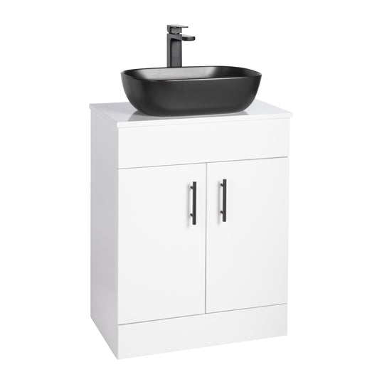  Nuie Eden 600mm Floor Standing 2-Door Countertop Vanity Unit with Matt Black Basin- Gloss White with Matt Black Handles - welovecouk