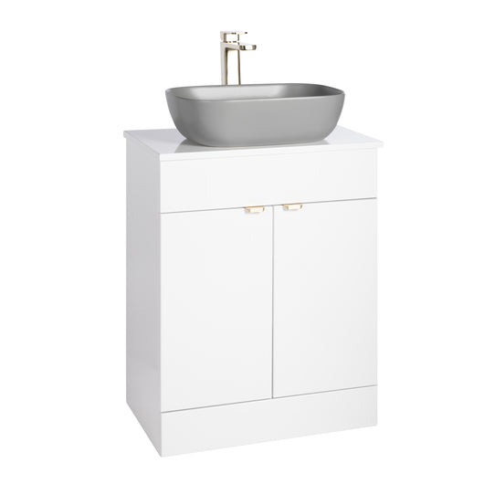  Nuie Eden 600mm Floor Standing 2-Door Countertop Vanity Unit with Matt Grey Basin- Gloss White with Brushed Brass Handles - welovecouk