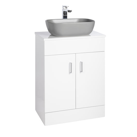  Nuie Eden 600mm Floor Standing 2-Door Countertop Vanity Unit with Matt Grey Basin- Gloss White - welovecouk