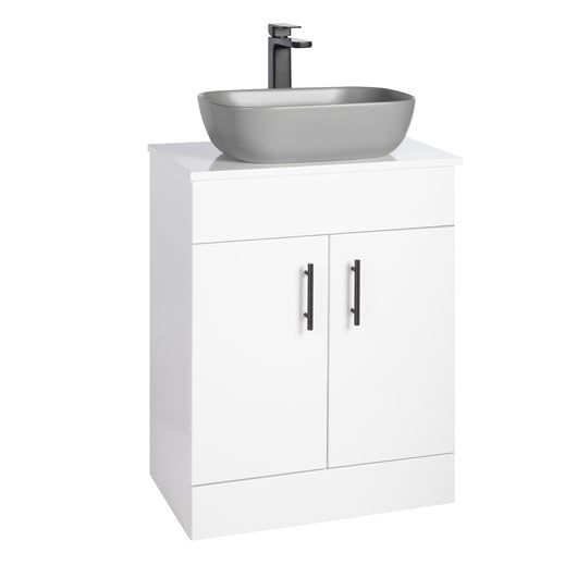  Nuie Eden 600mm Floor Standing 2-Door Countertop Vanity Unit with Matt Grey Basin- Gloss White with Matt Black Handles - welovecouk
