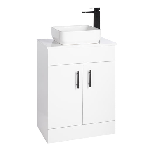  Nuie Eden 600mm Floor Standing 2-Door Countertop Vanity Unit with Basin- Gloss White with Matt Black Handles - welovecouk