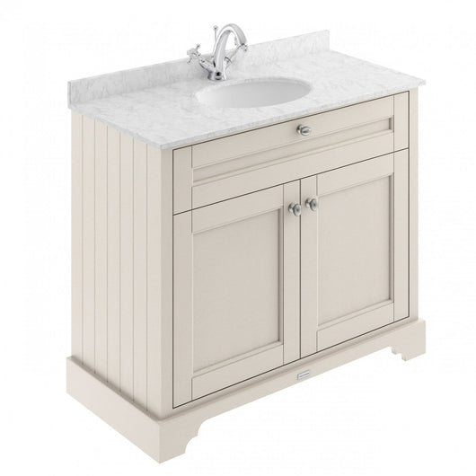  Old London 1000mm 2-Door Vanity Unit & Single Bowl Grey Marble Top 1 Tap Hole - Timeless Sand - welovecouk