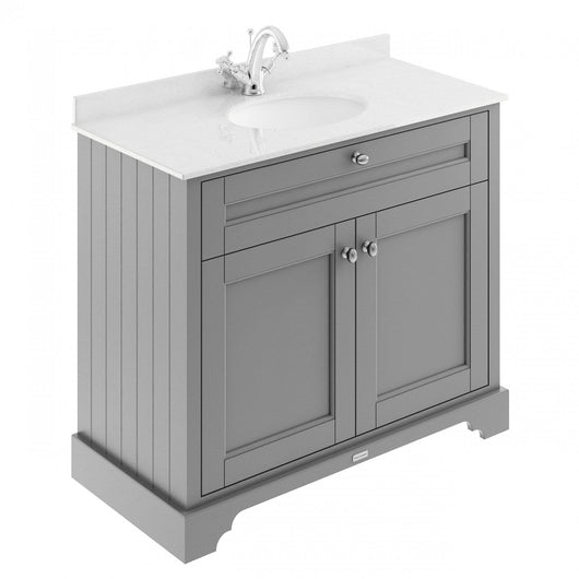  Old London 1000mm 2-Door Vanity Unit & Single Bowl White Marble Top 1 Tap Hole - Storm Grey - welovecouk