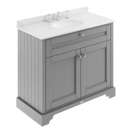  Old London 1000mm 2-Door Vanity Unit & Single Bowl White Marble Top 3 Tap Hole - Storm Grey - welovecouk