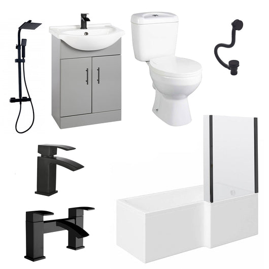  Mayford 1700 L Shaped Matt Black Complete 550 Vanity Bathroom Suite - Gloss Mid Grey