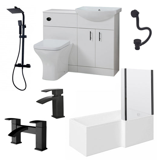  Mayford 1500 L Shaped Matt Black Complete Shower Bathroom Suite