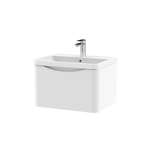  Nuie Lunar 600mm Wall Hung 1 Drawer Unit & Polymarble Basin - Satin White