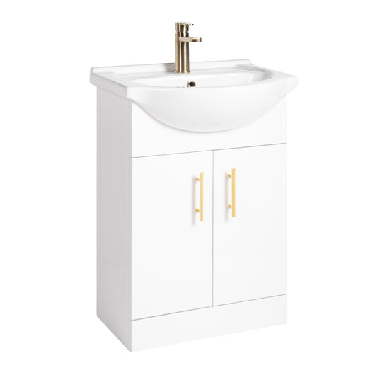  Nuie Mayford 550mm Floorstanding Basin Vanity Unit - White with Brushed Brass Handles