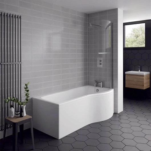  P-Shaped 1700 x 850/700 Shower Bath C/W Hinged 6mm Screen with towel rail and Front Panel - welovecouk