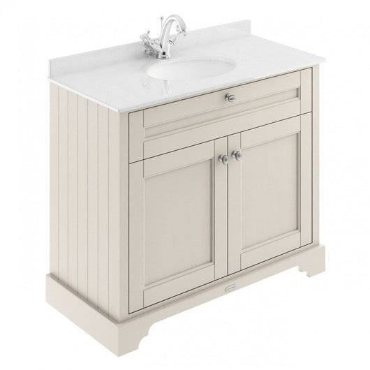  Old London 1000mm 2-Door Vanity Unit & Single Bowl White Marble Top 1 Tap Hole - Timeless Sand - welovecouk