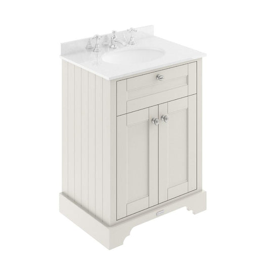  Old London 600mm 2-Door Vanity Unit & Single Bowl White Marble Top 3 Tap Hole - Timeless Sand - welovecouk