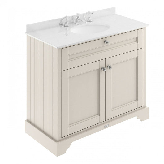  Old London 1000mm 2-Door Vanity Unit & Single Bowl White Marble Top 3 Tap Hole - Timeless Sand - welovecouk