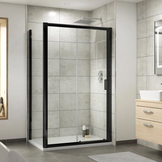  ShowerWorx Atlantic Matt Black 1200 x 800mm Sliding Shower Enclosure with White Tray - 6mm Glass