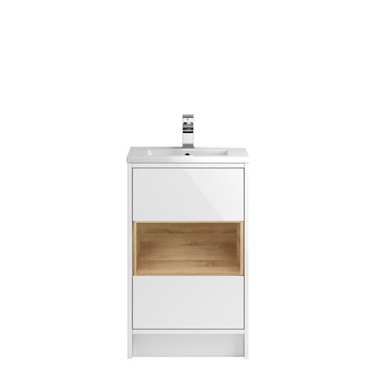  Hudson Reed Coast Floor Standing 500mm Cabinet & Basin 2 - Gloss White / Natural Oak