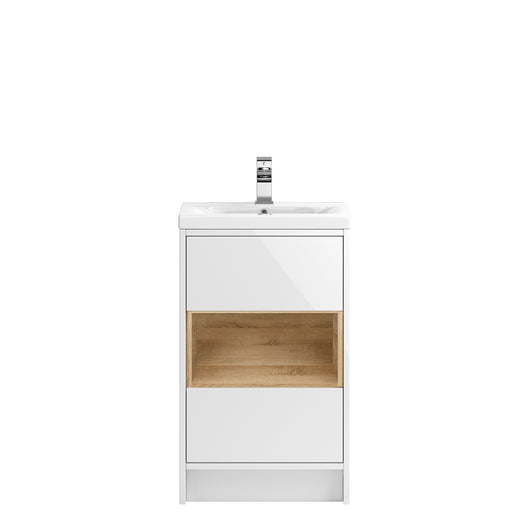  Hudson Reed Coast Floor Standing 500mm Cabinet & Basin 1 - Gloss White / Natural Oak