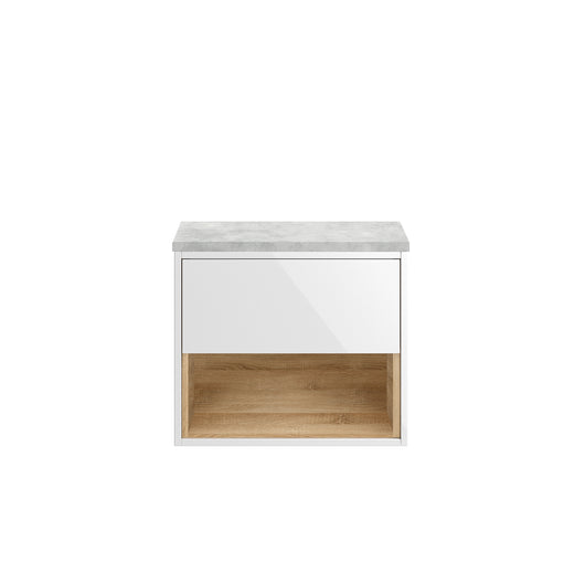 Hudson Reed Coast Wall Hung 600mm Cabinet & Grey Worktop - Gloss White / Natural Oak