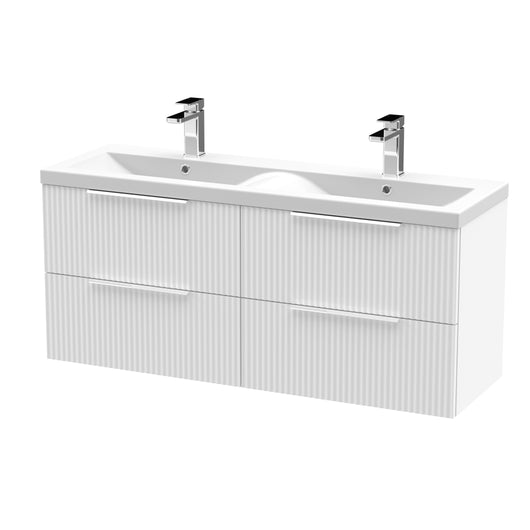  Hudson Reed Fluted 1200mm Wall Hung 4 Drawer Vanity & Double Basin - Satin White