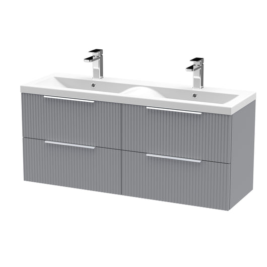  Hudson Reed Fluted 1200mm Wall Hung 4 Drawer Vanity & Double Basin - Satin Grey
