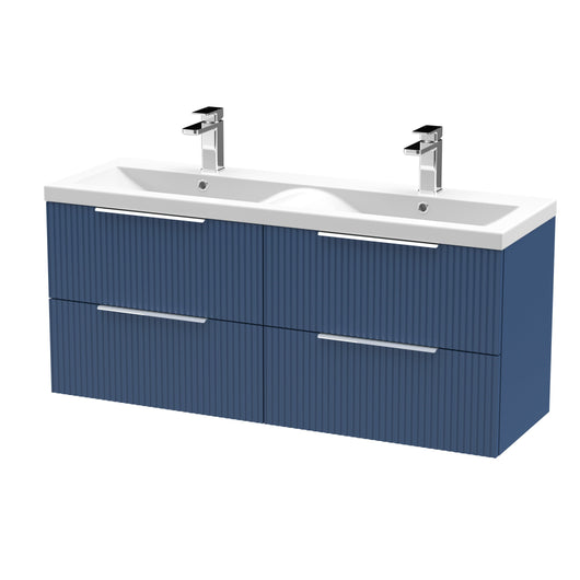  Hudson Reed Fluted 1200mm Wall Hung 4 Drawer Vanity & Double Basin - Satin Blue