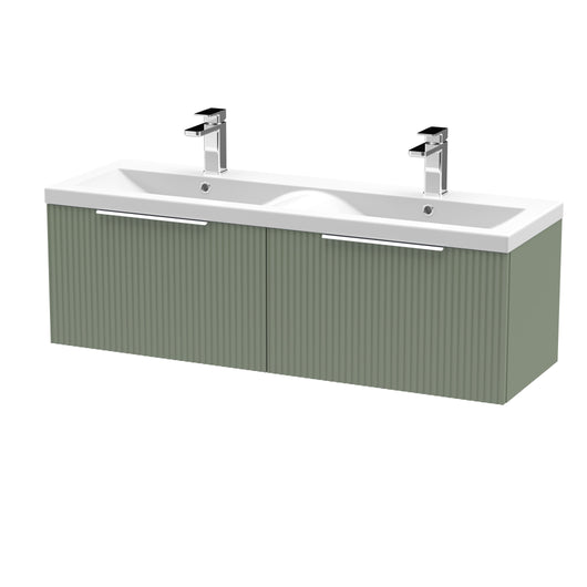  Hudson Reed Fluted 1200mm Wall Hung 2 Drawer Vanity & Double Basin - Satin Green