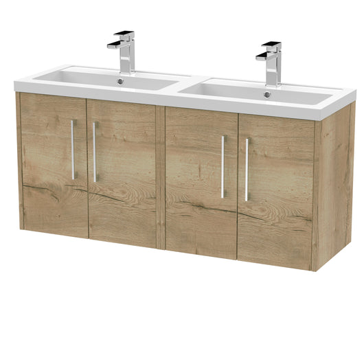  Hudson Reed Juno 1200mm Wall Hung 4 Door Vanity & Double Basin - Autumn Oak