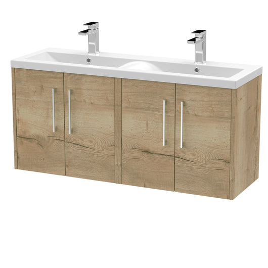  Hudson Reed Juno 1200mm Wall Hung 4 Door Vanity & Double Basin - Autumn Oak