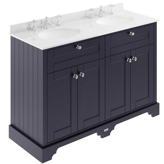  Old London 1200mm 2-Door Vanity Unit & Double Bowl White Marble Top 3 Tap Hole - Twilight Blue - welovecouk