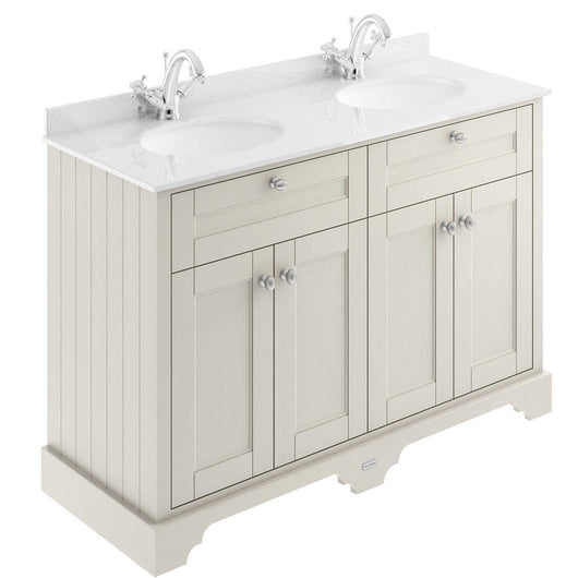  Old London 1200mm 2-Door Vanity Unit & Double Bowl White Marble Top 1 Tap Hole - Timeless Sand - welovecouk