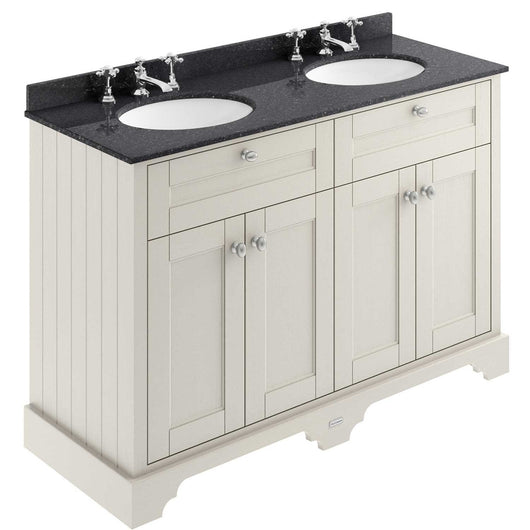  Old London 1200mm 2-Door Vanity Unit & Double Bowl Black Marble Top 3 Tap Holes - Timeless Sand - welovecouk