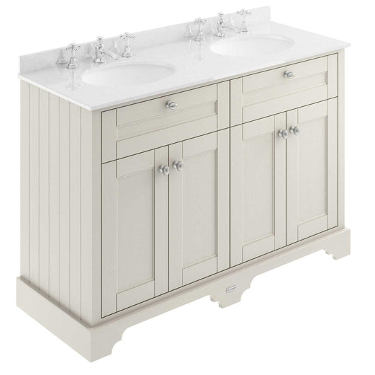  Old London 1200mm 2-Door Vanity Unit & Double Bowl White Marble Top 3 Tap Holes - Timeless Sand - welovecouk