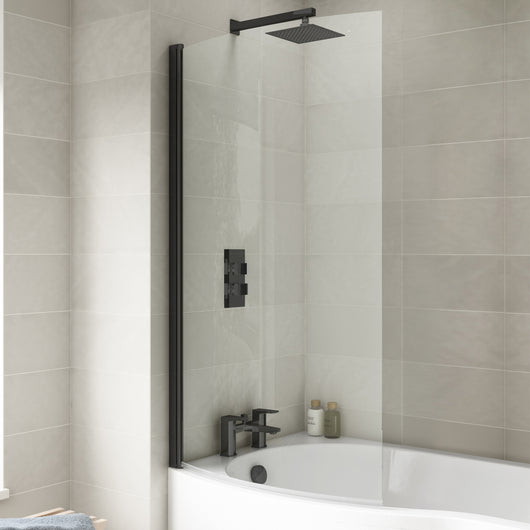  Curved P-Shaped Hinged Bath Screen - Matt Black - welovecouk